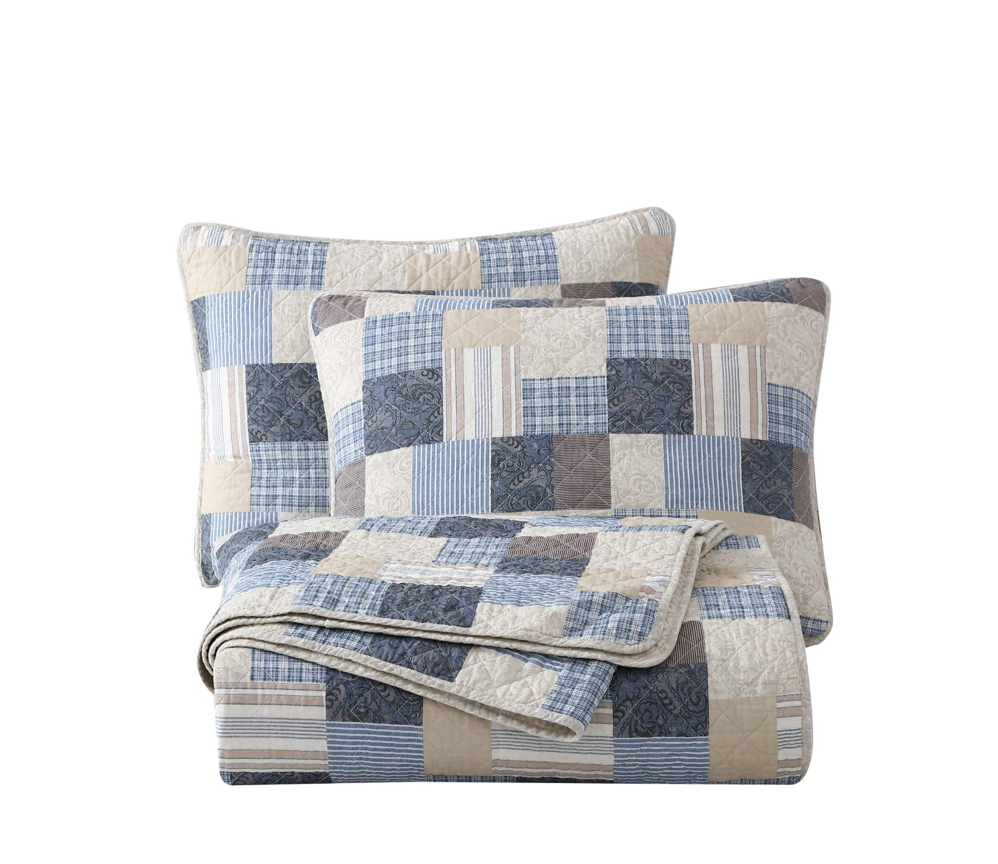 Chezmoi Collection Douglas 3-Piece Printed Patchwork Cotton Quilt Set - Floral Plaid Striped Multicolor - Stone Washed Lightweig